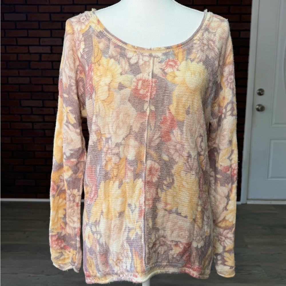 Free People Floral Angora Blend Sheer Knit Long Sleeve Top Sz‎ Small Boho